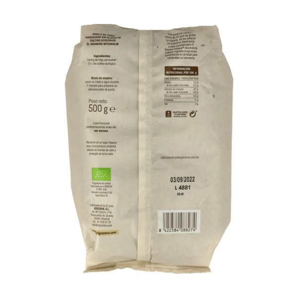 Fusilli de trigo sarraceno S/Gluten Bio (500 gr) - El Granero Integral - Imagen 2
