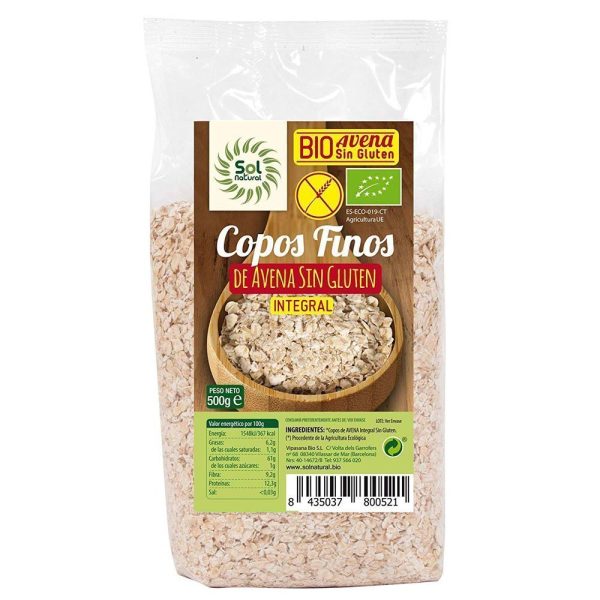 Copos de avena integral finos S/Gluten Bio (500 gr) - Sol Natural
