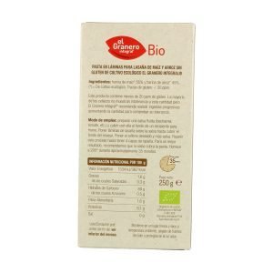 Láminas Lasaña S/Gluten Bio (250gr)- El Granero Integral