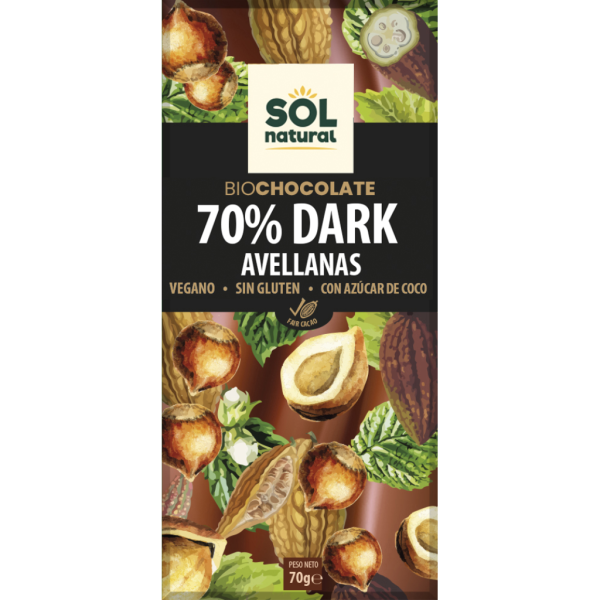 Tableta Chocolate Negro 70% Avellana- Sol Natural